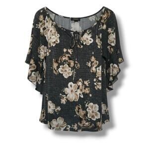 EXPRESSO Floral Flutter Sleeve Lace-Up Blouse XL – Black Beige Stretchy Top